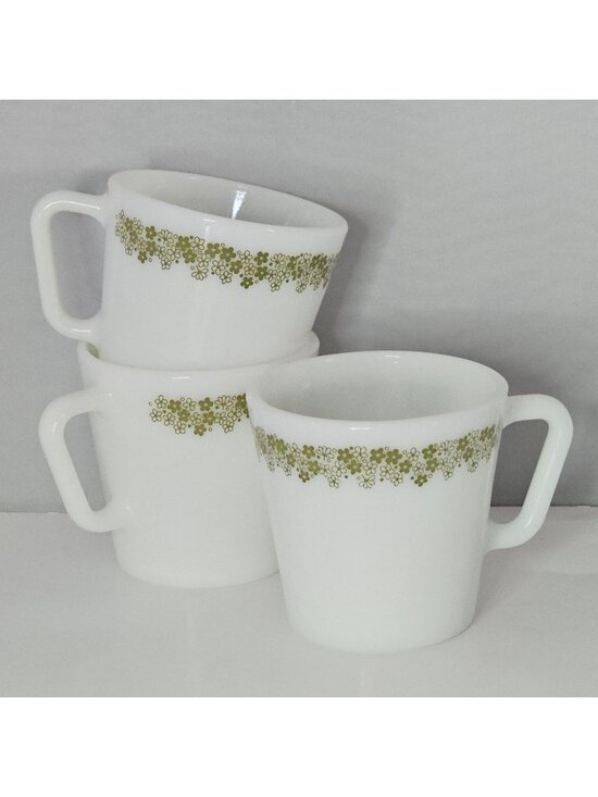 Pyrex Other - 3 Corelle Spring Blossom Green Mugs by Pyrex Vintage Milk Glass Coffee Cups 80s